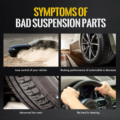 Symptoms of bad suspension parts infographic with car tire wear, steering, braking, and control issues