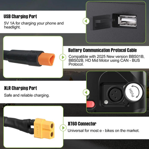 USB port, XLR and XT60 connectors, and CAN protocol cable for 48V 20Ah Ebike Battery With CAN Protocol And 30A BMS For 0 To 1500W Motors