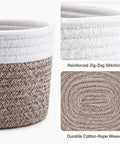 No Sweat Cotton Fabric Storage Baskets 4 Pack Organizers For Shelf And Cabinet White Khaki showing woven cotton fabric and zig-zag stitching.