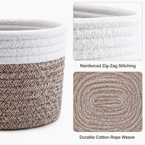 No Sweat Cotton Fabric Storage Baskets 4 Pack Organizers For Shelf And Cabinet White Khaki showing woven cotton fabric and zig-zag stitching.