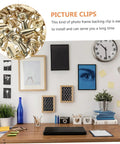 Heavy Duty Iron Picture Frame Backing Clips Featuring Quick Turn Button Fasteners And All Included Mounting Screws For Hanging Wall Photos Artwork Crafts Straight Up No Sweat displayed on organized desk.