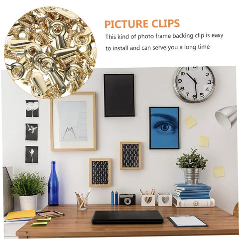 Heavy Duty Iron Picture Frame Backing Clips Featuring Quick Turn Button Fasteners And All Included Mounting Screws For Hanging Wall Photos Artwork Crafts Straight Up No Sweat displayed on organized desk.