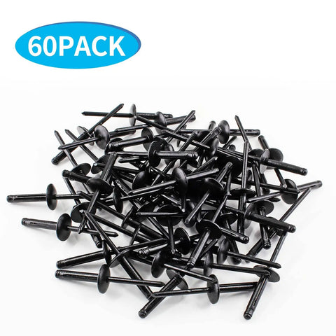Aluminum Blind Rivets Set, 60 Pieces, 3/16 x 3/4 Inch Pop Rivets, Black Finish, scattered in a pile, ideal for metalworking and DIY.