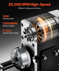 Close-up of Didactical Mini Metal Lathe for DIY Projects with 3 Jaw Chuck and 36W motor highlighting 20,000 RPM speed.