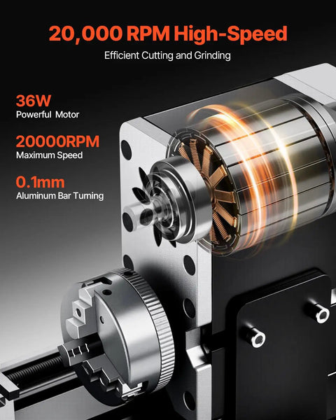 Close-up of Didactical Mini Metal Lathe for DIY Projects with 3 Jaw Chuck and 36W motor highlighting 20,000 RPM speed.