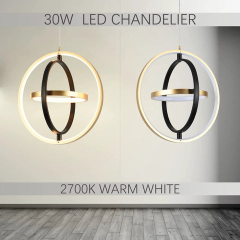 LED Pendant Light Fixture With Black And Gold Rings, Modern Chandelier display in a bright room, adjustable ceiling light design