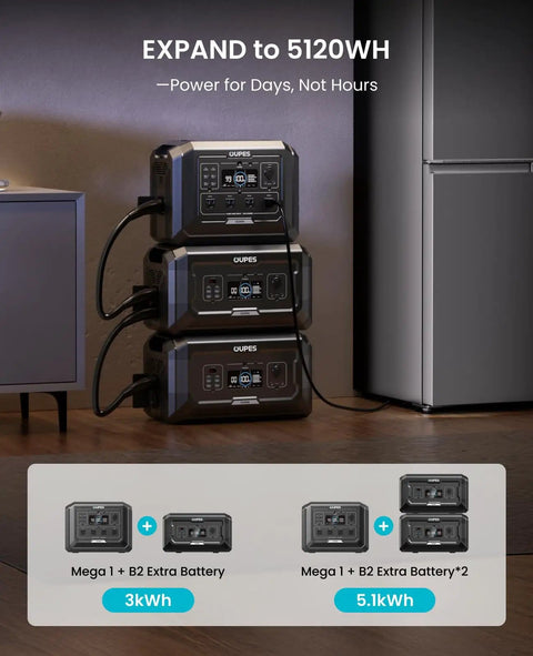 Beast Portable Solar Generator With Panels Included stacked for 5120Wh expansion next to a refrigerator in a home setting.