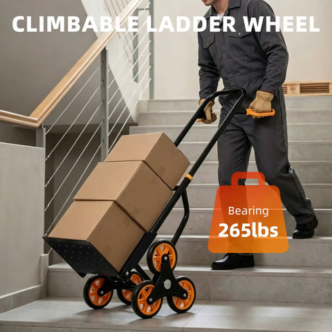 Heavy Duty Stair Climbing Dolly With Rolling Tracks And Swivel Casters Makes Moving Furniture Or Appliances Upstairs A Total Breeze. This Folding Hand Truck Carries Two Hundred Sixty Five Pounds For Rock Solid Balance On Every Step., man using dolly with boxes on stairs, 265 lbs capacity, black and orange, indoor transport