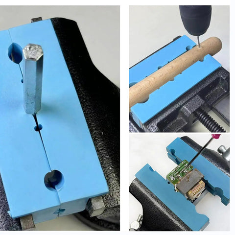 Tough Badass 5 Inch Vise Soft Jaw Pads With Rock Solid Grip Multi Groove Texture Magnetic Polyurethane Vise Inserts For Woodworking Plumbing And Jewelry No Sweat Smooth Fit Protective Shields That Guard Most Standard Metal Clamps Perfectly 1 Pair, showing installation on a metal clamp with wooden and electronic parts.