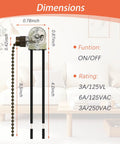 ZE109 Ceiling Fan Light Switch Replacement with dimensions and ratings, showing pull chain and connectors for ceiling fans.