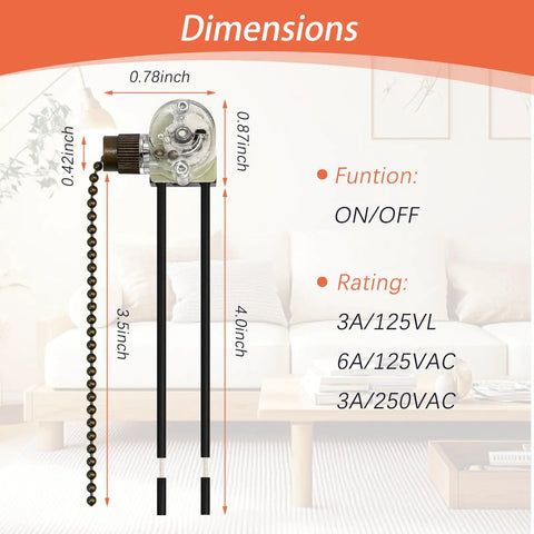 ZE109 Ceiling Fan Light Switch Replacement with dimensions and ratings, showing pull chain and connectors for ceiling fans.