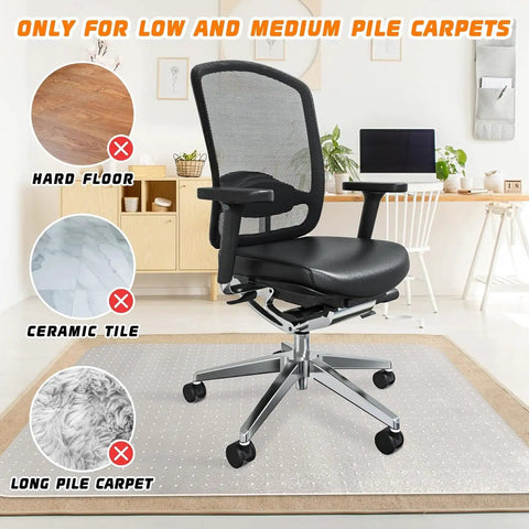 Thick Office Chair Mat For Carpeted Floors 48 By 30 Desk Mat with an office chair on low pile carpet in home office setup