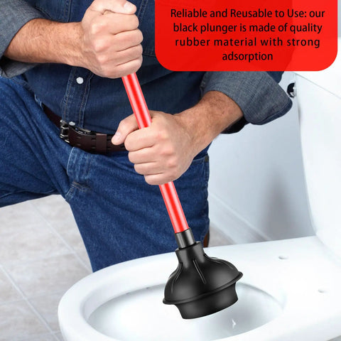 Heavy Duty Toilet Plunger 6 Pack Built With Long 20.5 Inch Handle And Four Inch Cup For Bathroom Drain Unclogging. User gripping black rubber plunger with red handle.