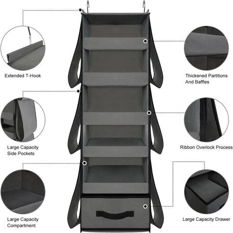 Beefy 66 Pound Capacity Hanging Closet Organizer with collapsible shelves, side pockets and drawer, nonwoven fabric, gray