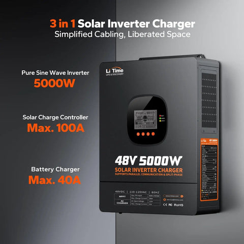 5000W Solar Inverter Charger Workhorse For Home Backup And Off Grid Power 48V DC To 120V AC Pure Sine Wave Parallel Split Phase