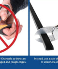 Instructions showing how to cut 3/4 Inch Flexible PVC U Channel Molding For Edging with garden pruners, avoiding scissors.