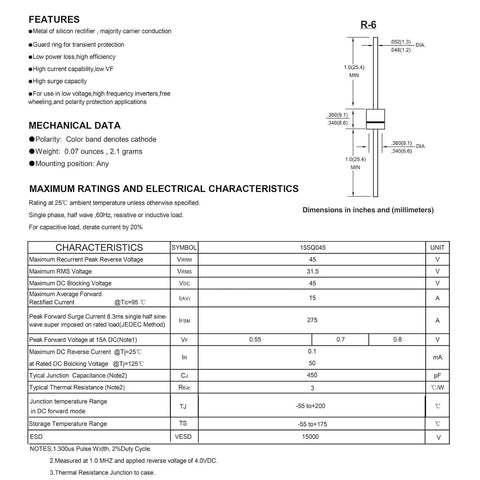 25 Pack 15SQ045 Schottky Diodes For High Current Rectification, 15 Amp 45 Volt Axial Silicon Diodes With Low Forward Voltage, Low Leakage And High Surge Capability, Ideal For Solar Panels, Charger Circuits, Power Supplies. datasheet page with ratings and R-6 dimensions