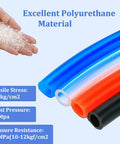 Blue PU Air Hose 4mm OD 2.5mm ID showing polyurethane material, tensile stress, burst pressure, and pressure resistance