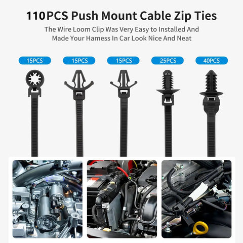 110 Piece Automotive Cable Zip Ties Kit With 5 Sizes Nylon Self Locking Ties in use in a car engine bay for organized wiring