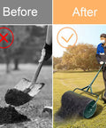 Comparison showing hand shovel vs All Purpose Lawn Spreader Roller With Upgrade T Handle Lightweight Durable 27 Inch on lawn