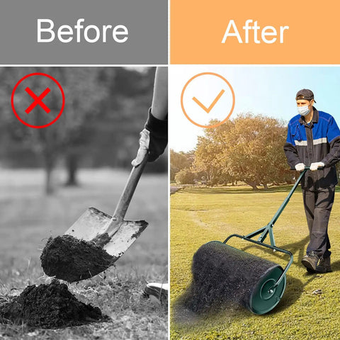 Comparison showing hand shovel vs All Purpose Lawn Spreader Roller With Upgrade T Handle Lightweight Durable 27 Inch on lawn