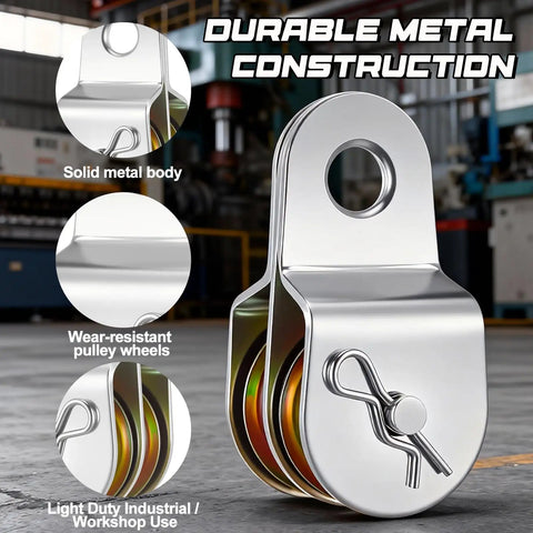 Six Piece Double Sheave Fixed Pulley Block Cable Roller Set With 660 Lbs Capacity Galvanized Steel Heavy Duty Pulley Wheels For Home Gyms Boats Mining Garages Pulldown Clotheslines, close-up metal body