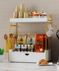 Two Tier Bathroom Counter Organizer With Drawer And Basket For Makeup Skincare Perfume And More, holding coffee supplies