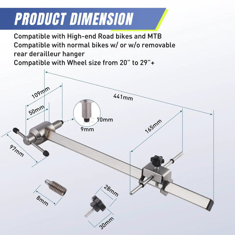 Dimensions diagram of Derailleur Alignment Tool And Hanger Gauge For 20 To 29 Inch Wheels with measurement details