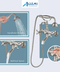 Brushed Nickel Clawfoot Tub Faucet Wall Mount Tub Filler Set With Handheld Sprayer and Double Cross Handles, Solid Brass Construction