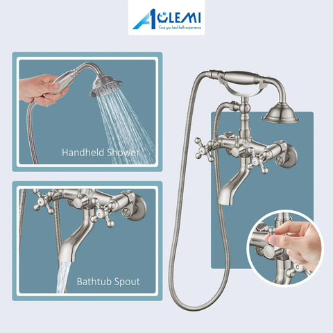 Brushed Nickel Clawfoot Tub Faucet Wall Mount Tub Filler Set With Handheld Sprayer and Double Cross Handles, Solid Brass Construction