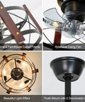 Industrial and farmhouse style enclosed cage ceiling fan with remote control and light, flush mount design, copper motor