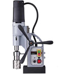 Heavy Duty Portable Magnetic Drill Press With A Badass 14.5A Motor And Two Three Eight Inch Annular Cutting Range Using Oil Lubed Double Speed Gearbox With Boss Level 4080 Pound Hold Fast For Real Deal Metal Shops, front view showing controls and cutting bit.