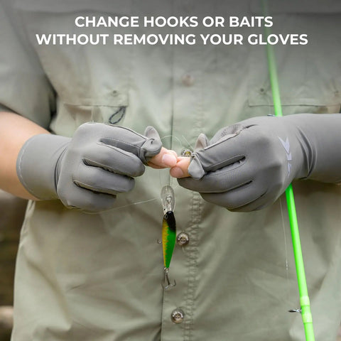 Person using Sol Armis Pro UPF 50 Plus Fishing Gloves with FrostWeave Cooling Tech to change fishing lure outdoors