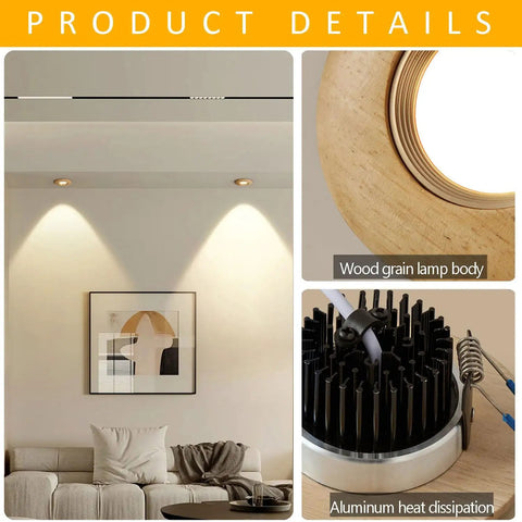XYIANG 3.9 Inch Farmhouse Wood Grain Recessed Lighting Housing Trim Kits 7W Led Recessed Lighting showcased in modern living room.