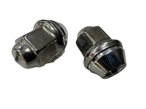Two stainless lug nuts from Two Pack Trailer Wheel Lug And Cap Set With Stainless Hub Cover And Ten Stainless Lug Nuts For 3.19 Inch Center Bore Rim Includes Grease Fitting Access Plug