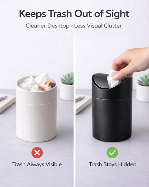 White bin with visible trash next to Tiny Matte Black Desktop Trash Can With Lid For Office Desk And Vanity 1.5 Liter Countertop Waste Bin.