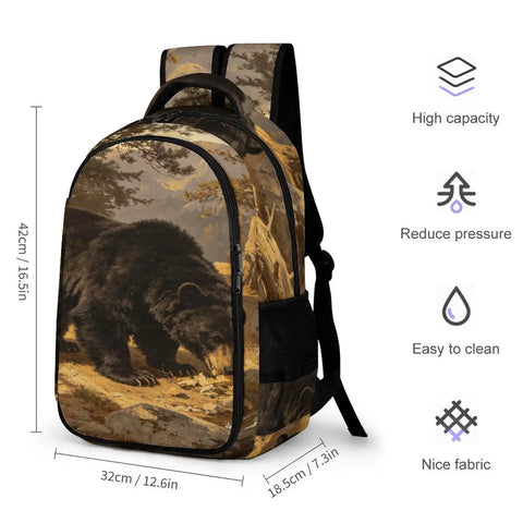 Wild Bear Printed Unisex Backpack Large Capacity For School Hiking And Travel Durable Polyester Daypack With Bear Pattern