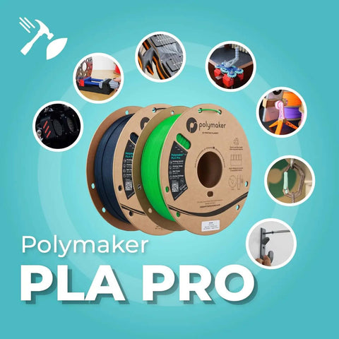Polymaker PLA Pro 3D Filament in multi-color spools with examples of printed functional parts.