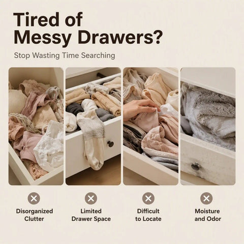 Pink Mesh Storage Hanging Bag With 360 Swivel Hook and Expandable Double Layer Closet Organizer to Securely Stash Socks, Bras, and Underwear While Keeping Your Drip Tidy and Your Closet Vibe on Fleek, showing messy drawer with intimate apparel.
