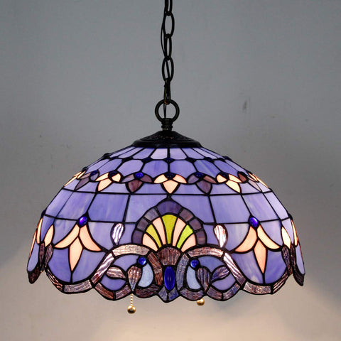 Tiffany Style Pendant Light Fixture With Blue Purple Baroque Stained Glass Wide 16 Inch Shade 40 Inch Hanging Height Antique Bronze Finish Hardwired With Pull Chain Dope Home Decor Lamp