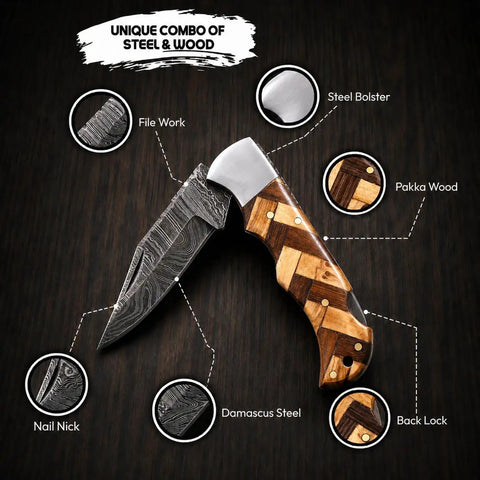 Handmade Damascus Pocket Folding Knife With Olive Wood Handle For EDC And Camping Tough As Nails 150 Layer Damascus Blade