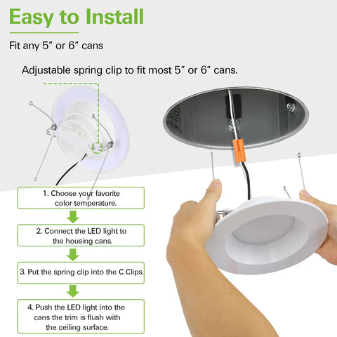 Hands installing 12 Pack 5 To 6 Inch LED Recessed Lighting With Baffle Trim, CRI90, 1100 Lumen, 5000K Daylight White downlights.