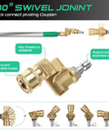Brass 180-degree swivel joint connector for high-pressure washers, featuring quick connect coupler and rust-proof stainless steel.