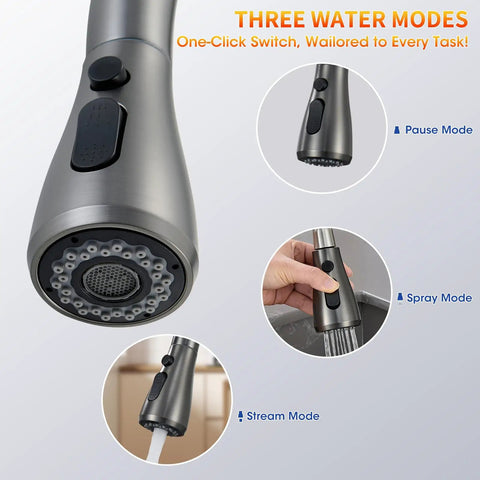 SOEBIZ Grey Kitchen Faucets with Pull Down Sprayer showcasing three water modes and ergonomic one-click switch.