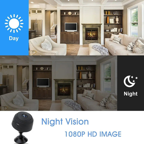Day and night comparison showing Tiny WiFi Spy Camera With Night Vision, Ultra Small Hidden Nanny Cam For Home And Office.