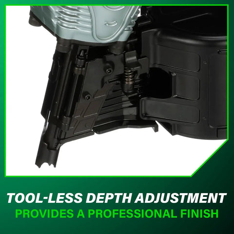 Close-up of tool-less depth adjustment on Coil Framing Nailer For One And Three Quarters To Three And One Half Inches Pro Preferred Pneumatic Framing Tool