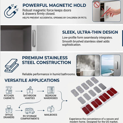 Infographic for 20 Pcs Magnetic Cabinet Door Catch Set, Stainless Steel Ultra Thin Stick On Adhesive Latches