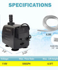 Automatic Fountain Pump With Level Sensor 110V Submersible Water Pump For Ponds Aquariums Fish Tanks Hydroponics Auto Level Control Quiet Reliable Operation PM06 with specifications displayed.