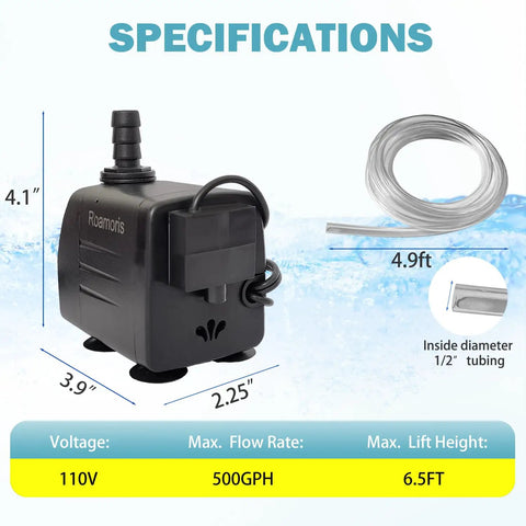 Automatic Fountain Pump With Level Sensor 110V Submersible Water Pump For Ponds Aquariums Fish Tanks Hydroponics Auto Level Control Quiet Reliable Operation PM06 with specifications displayed.