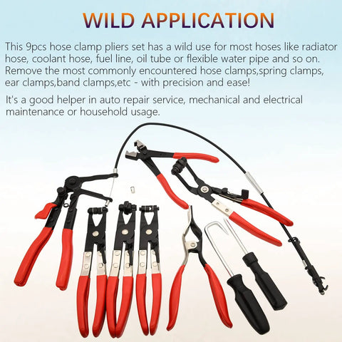 9 Piece Hose Clamp Pliers Set With Long Reach For Auto Hoses Fuel Oil Water Radiator And Coolant Lines on display